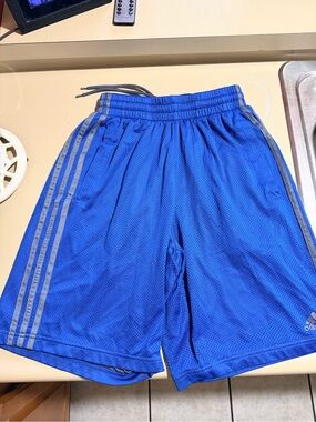 ADIDAS Blue Mesh Athletic Shorts with Side Stripes